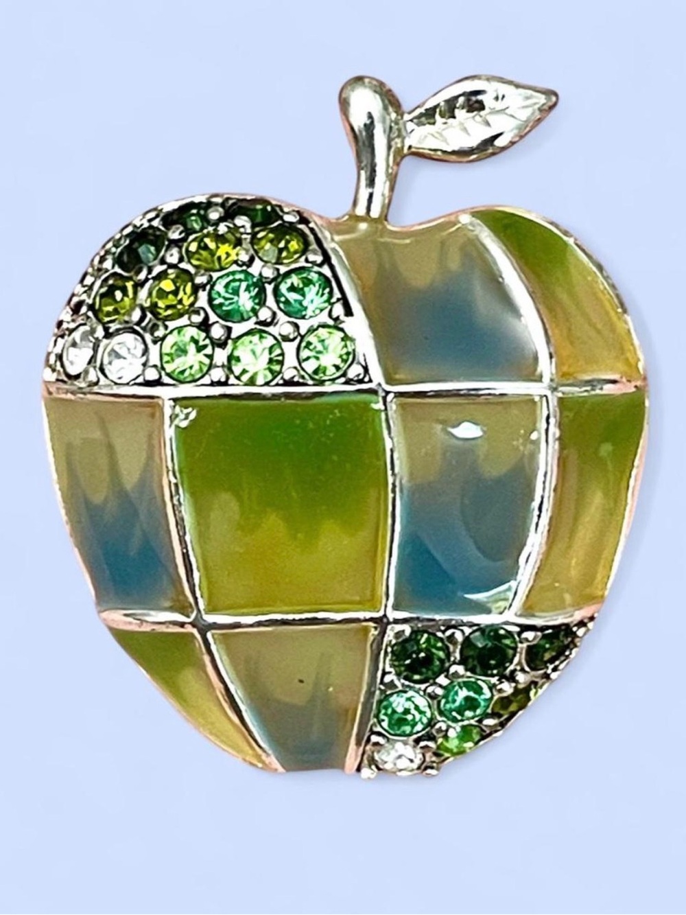 Vintage Monet Stained Glass Green Apple Brooch Pin Silver Teacher Cottagecore